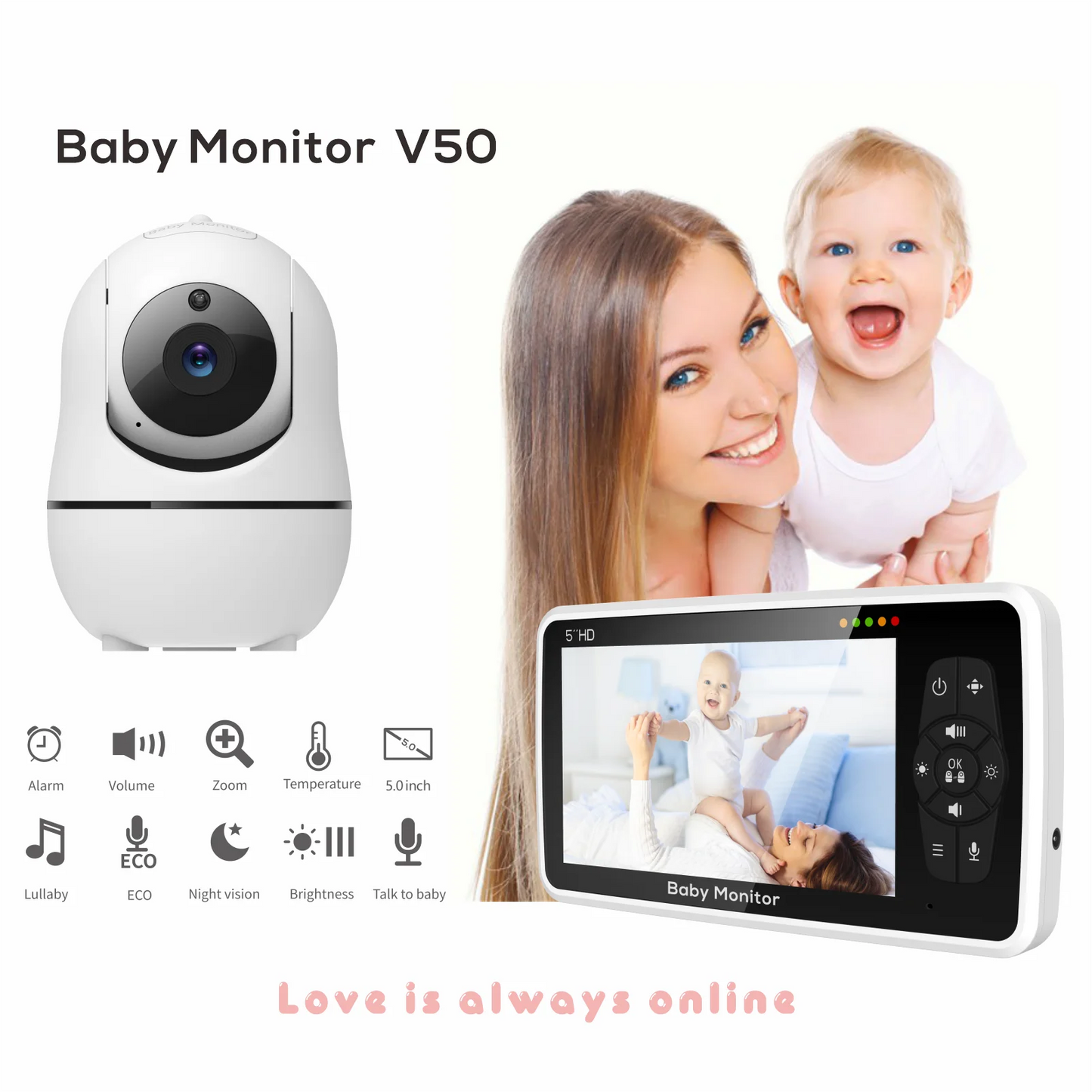 Babyphone vidéo 5" zoom 4x – 22h autonomie berceuse